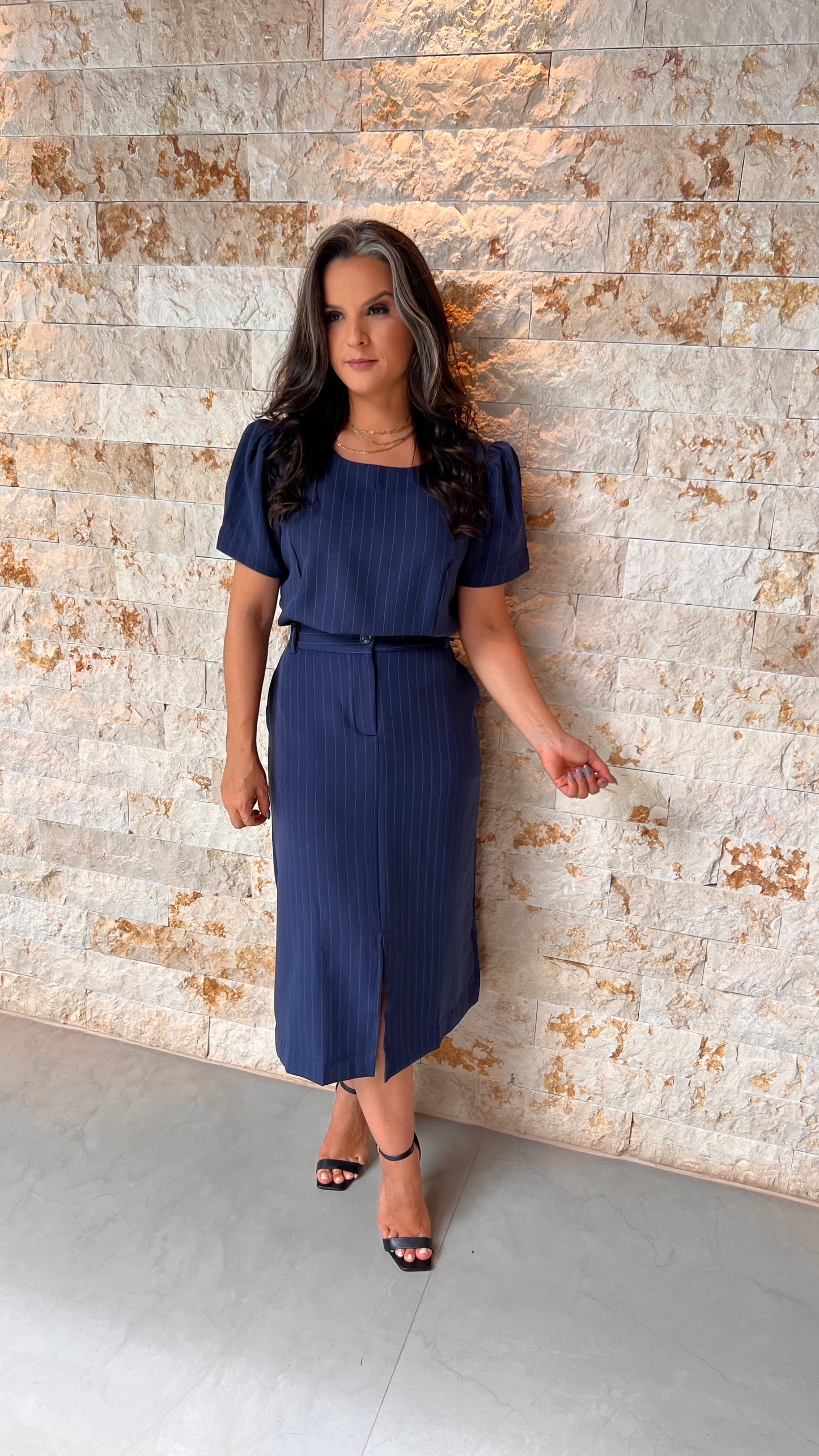 Conjunto Saia Blusa Alf Risca de Giz MAZ- Azul 5711