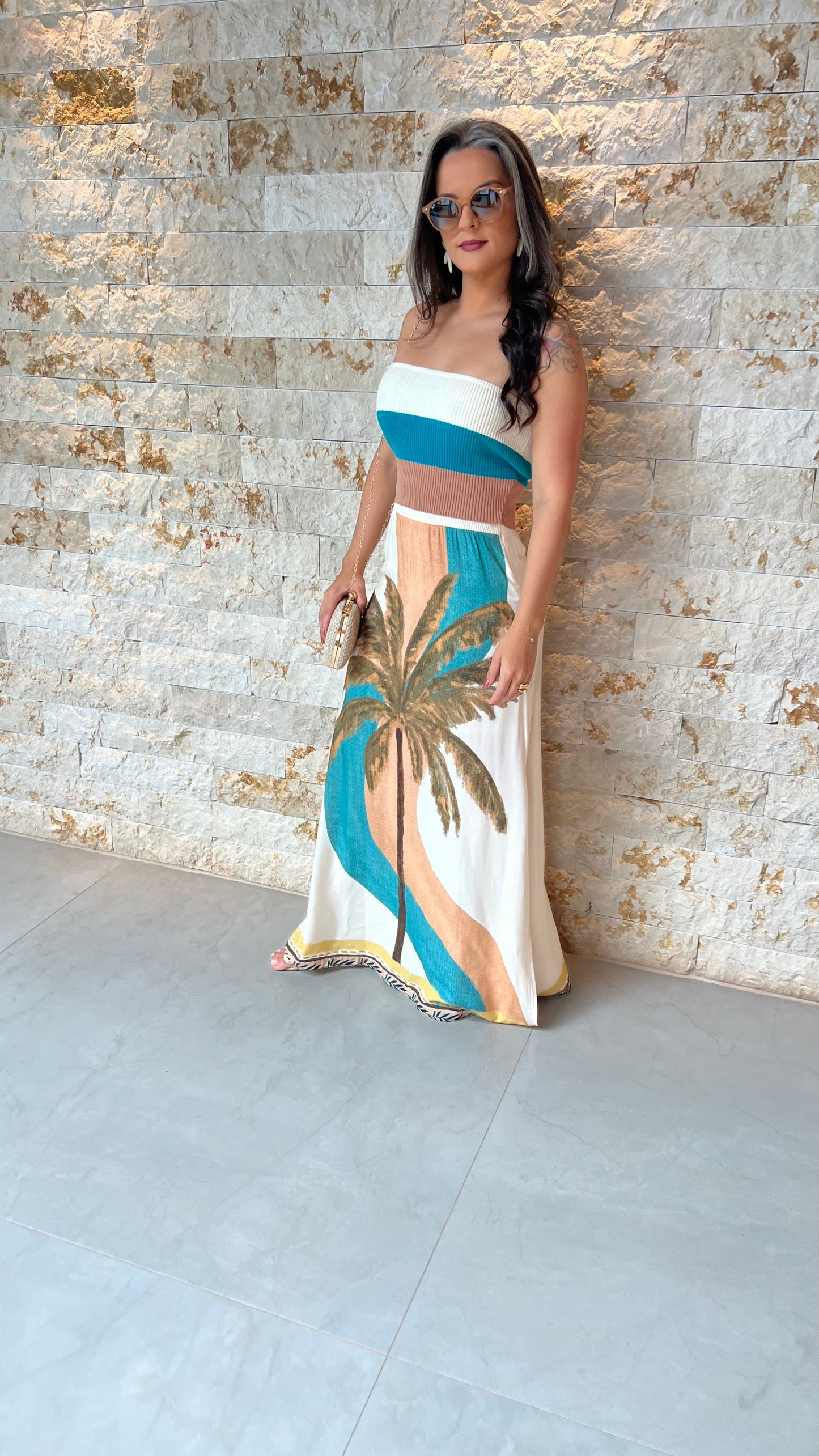 Conjunto Saia Longa Cos Trico Cropped- Estampado 5869