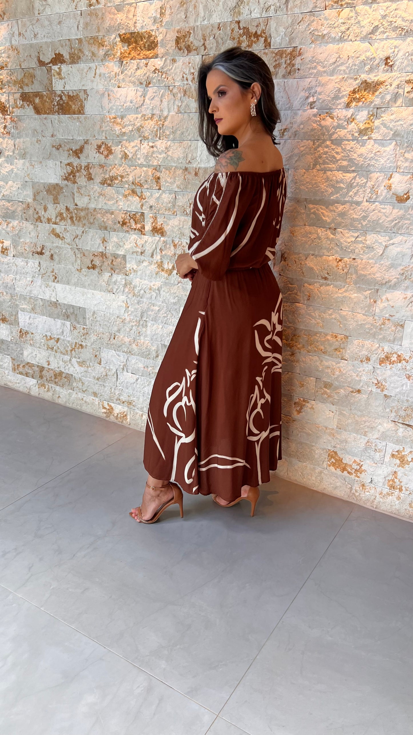 Conjunto Saia e BL Ombro a Ombro PIS- Marrom Estampado 5604