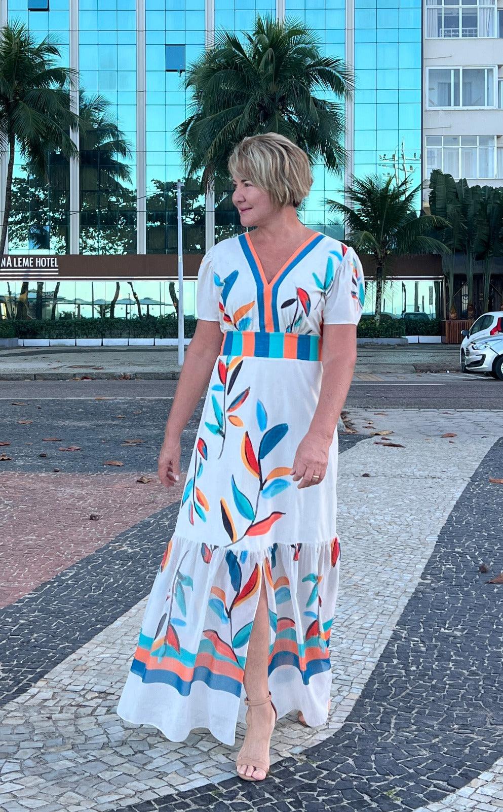 Vestido Longo Folhagem Azul YU - Estampado 4901