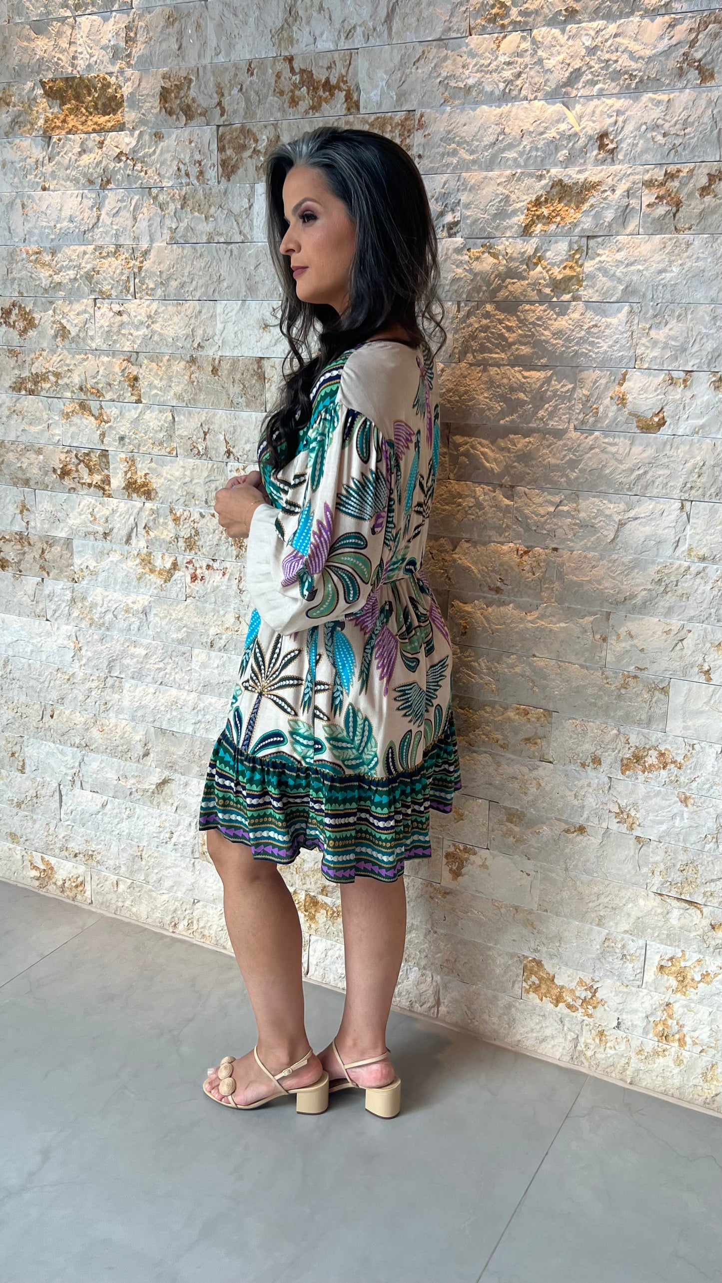Vestido Curto Manga Longa Pássaros CHI- Estampado 5879