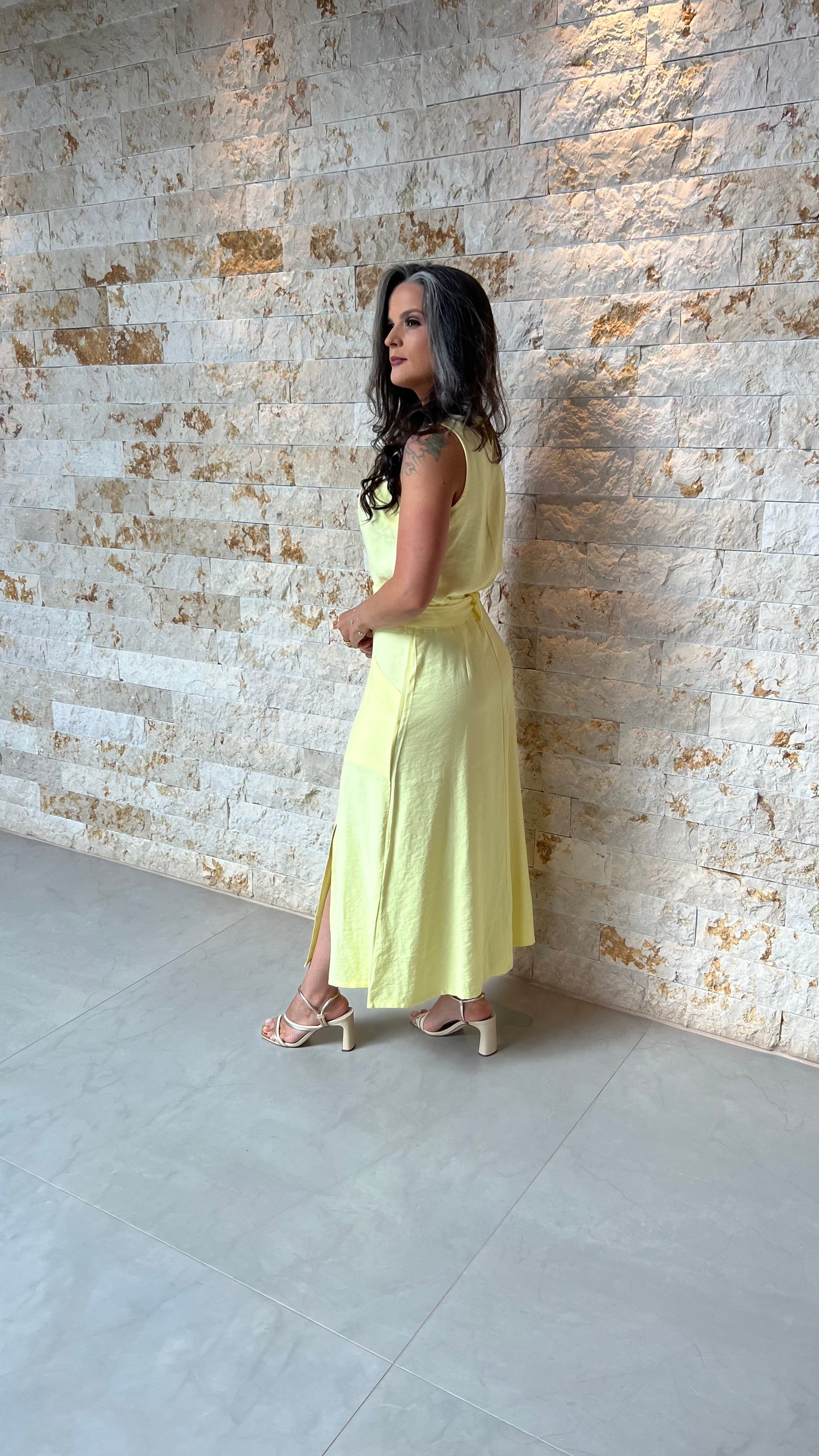 Conjunto Saia Midi Bolso FX Cropped ARA- Amarelo 5857