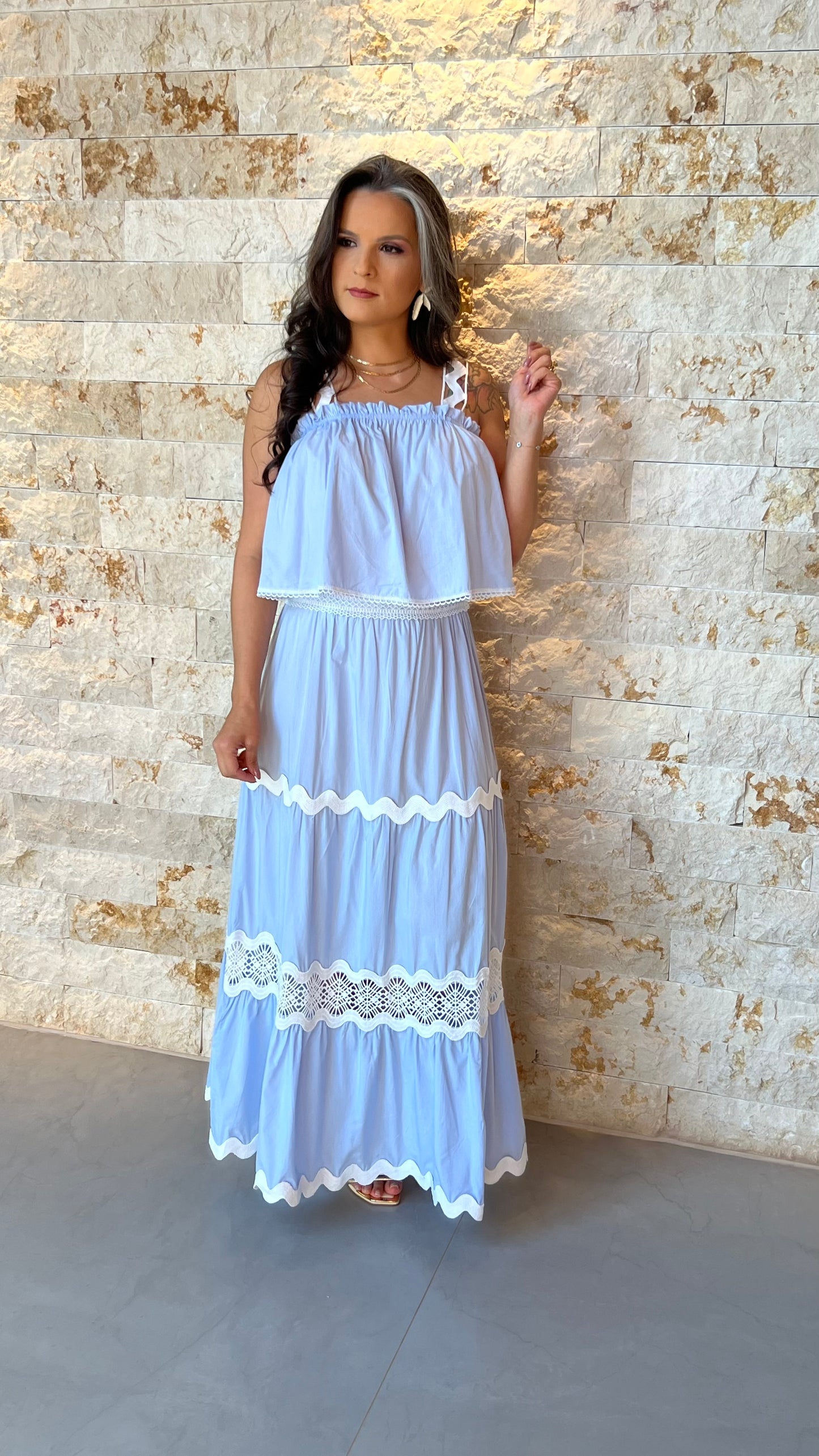 Conjunto Saia e Cropped Bor Det Guipir EAG- Azul 5907