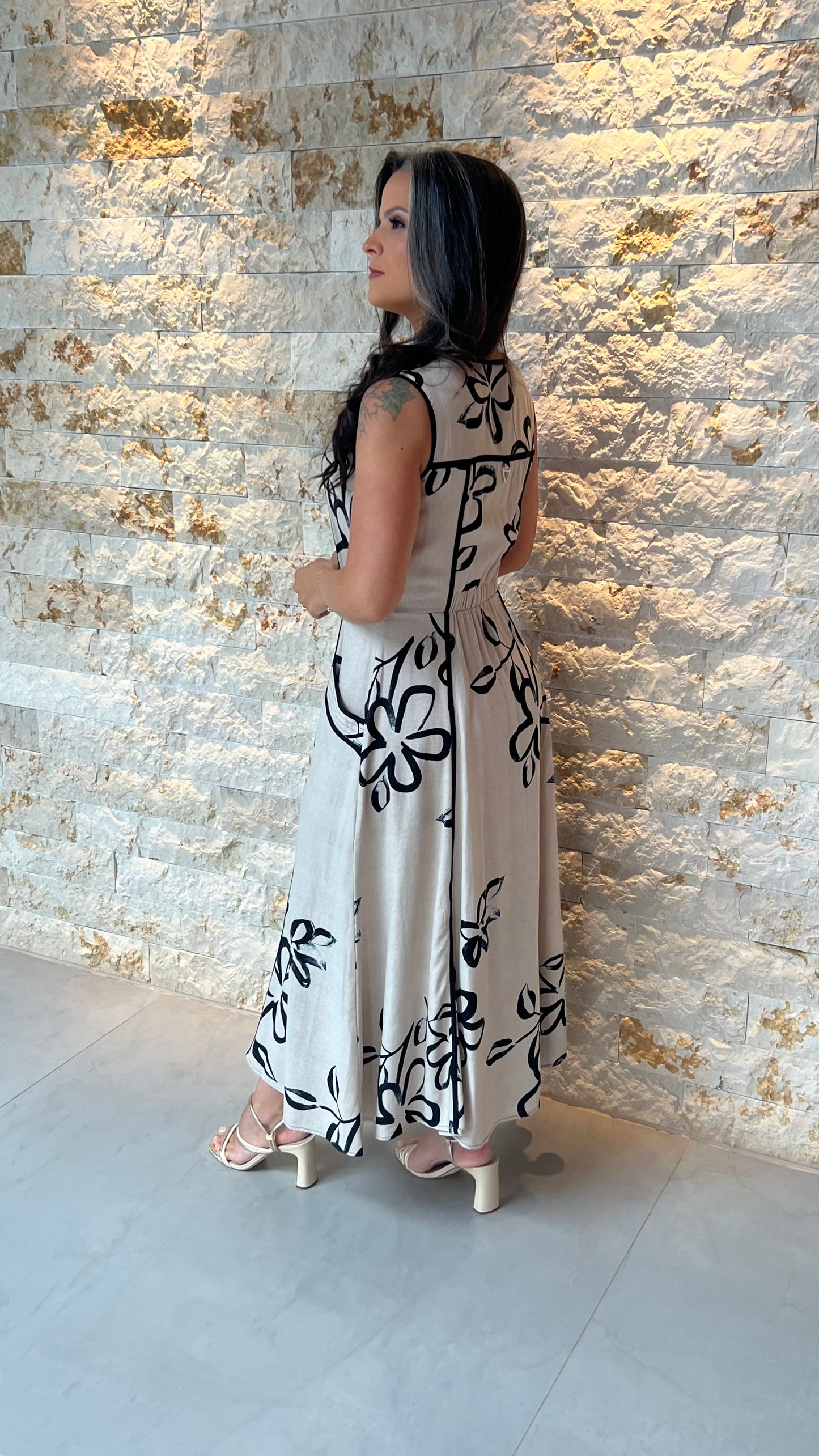 Vestido Midi Linho Estampado PIS- Branco 5874