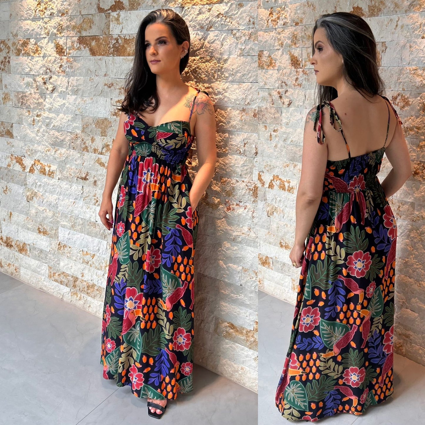 Vestido Longo Lastex Amarração Alça RIO - Estampado 5351