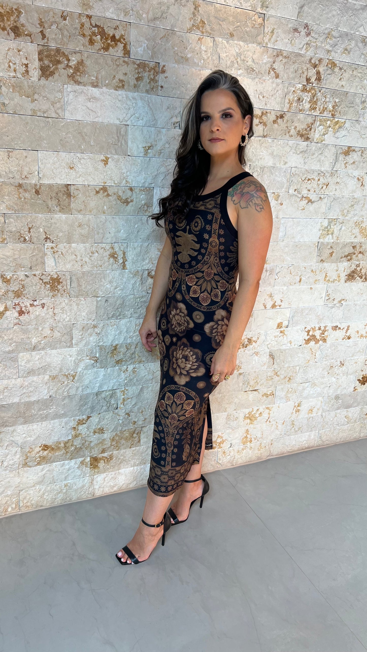 Vestido Midi Flores Marrom ARTE- Estampado Preto 5779