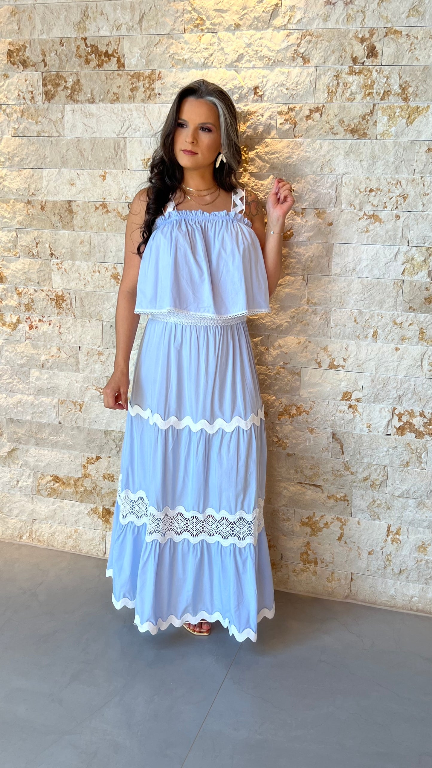 Conjunto Saia e Cropped Bor Det Guipir EAG- Azul 5907