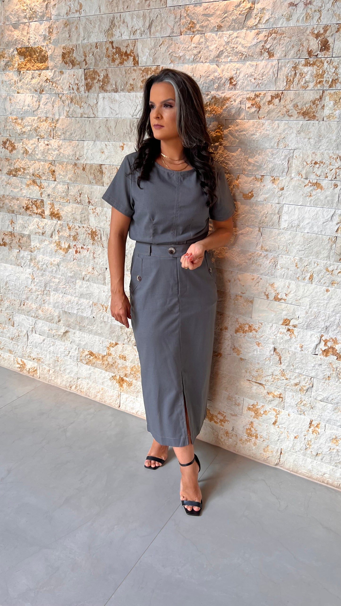 Conjunto Saia e Blusa Botão PIS- Cinza 5595