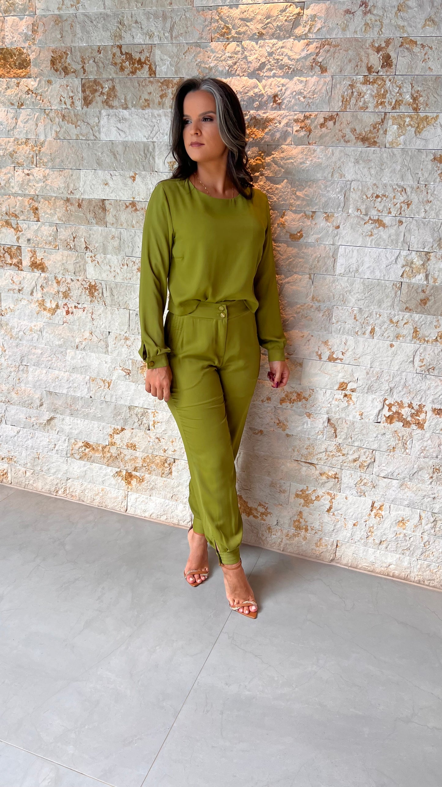 Carrot Pants and Long Sleeve Blouse Set - Mint Green