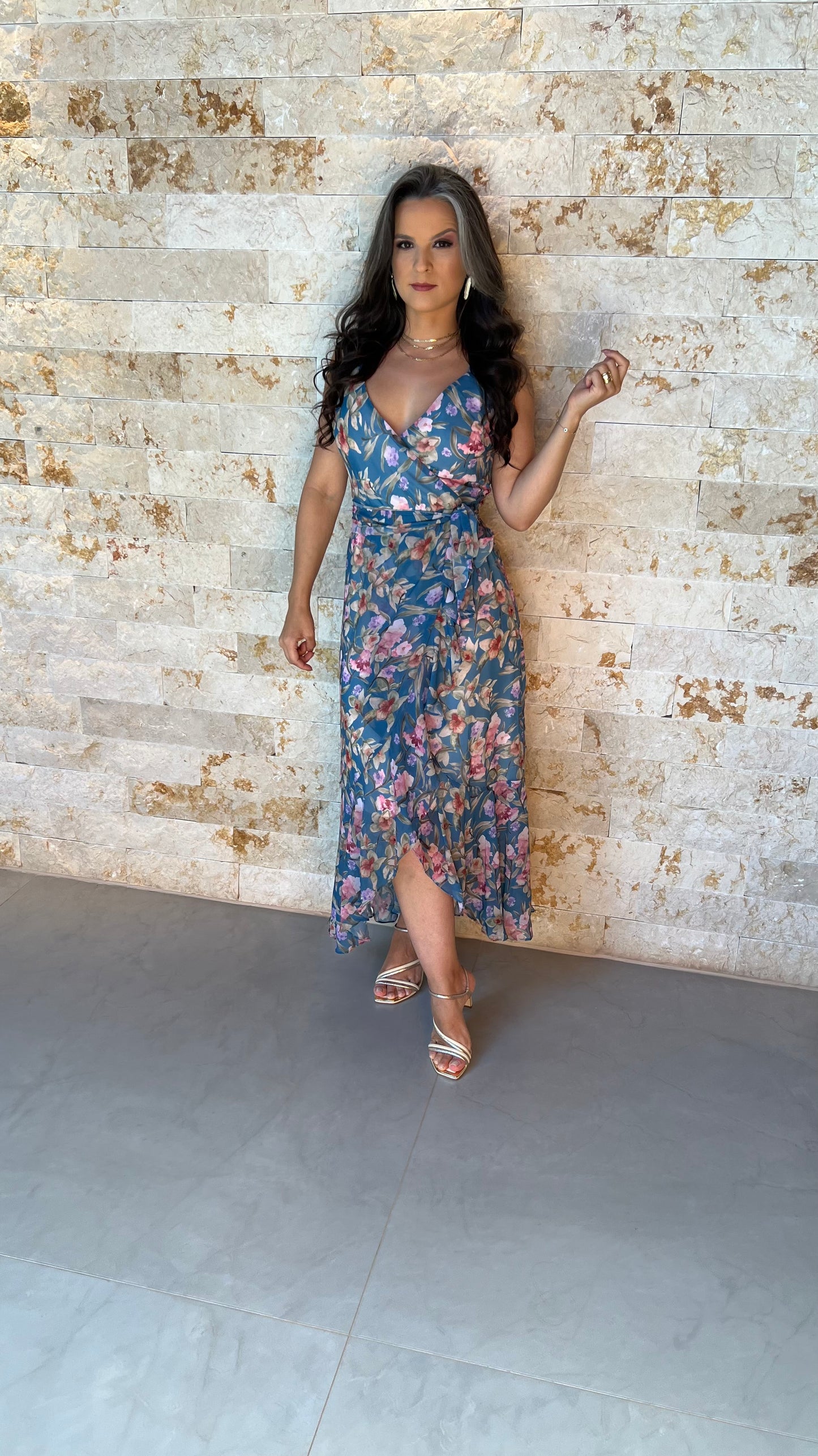 Vestido Midi Chiffon Seda PIS- Estampado Azul 5903