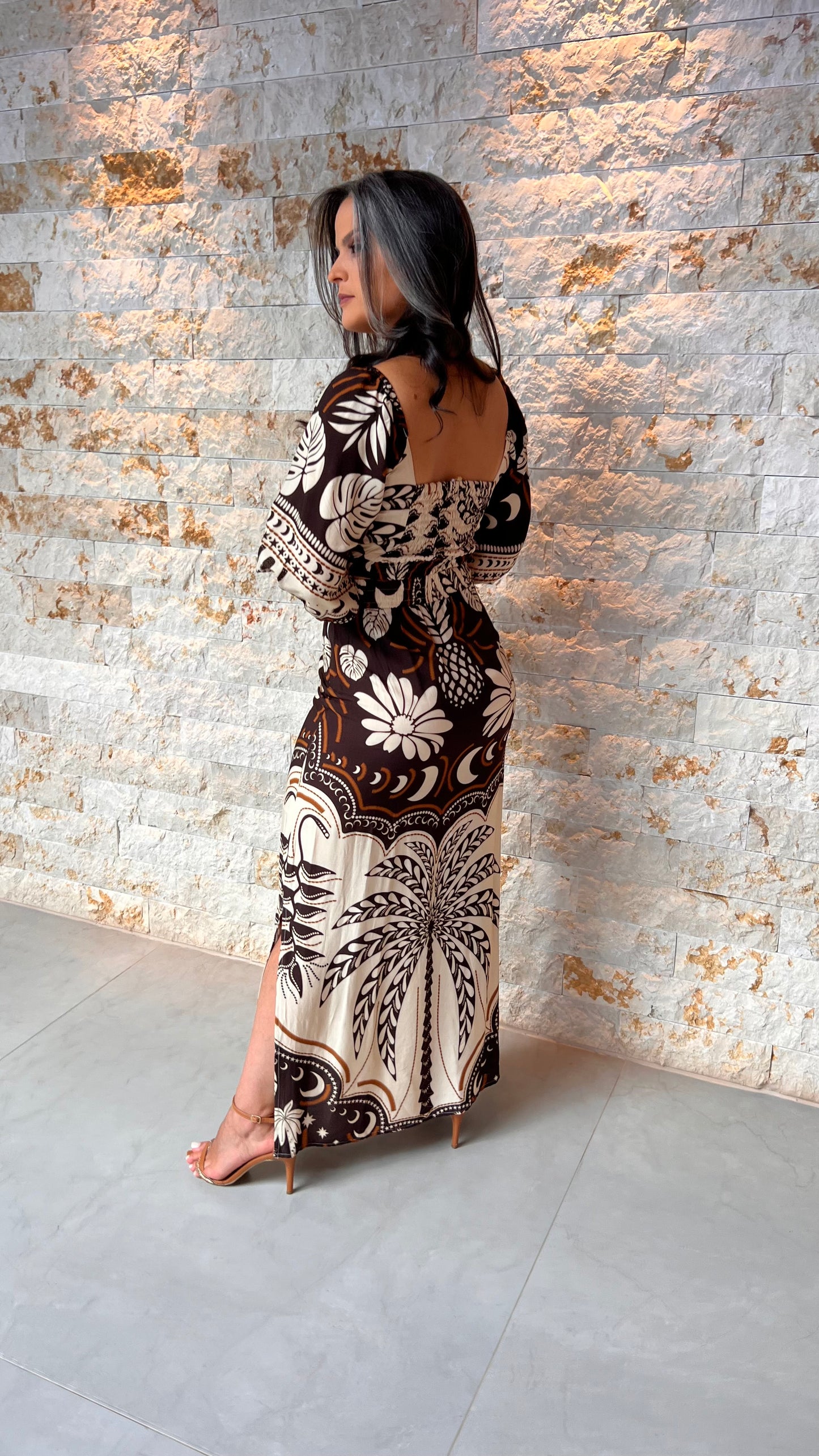 Conjunto Saia e Cropped Marrom e Bege ARTE- Estampado 5656