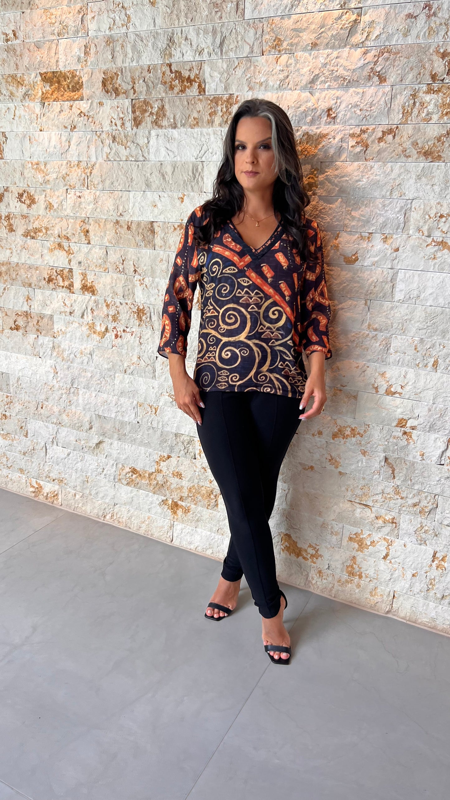 Blusa Manga 3/4 Cobre e Ouro YU - Estampado 5566