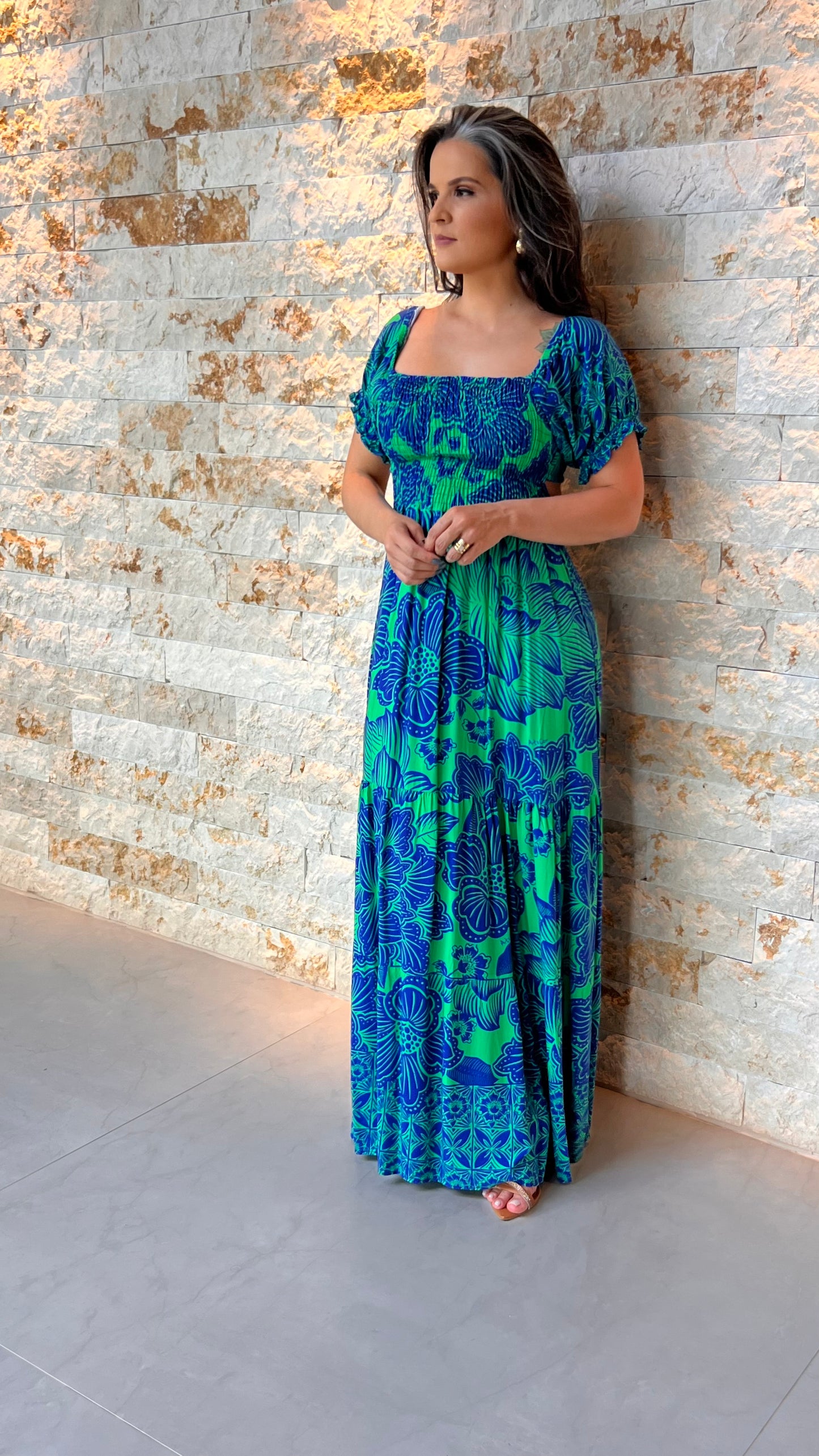 Vestido Longo Lastex Amarração ARTE- Estampado Azul 4987