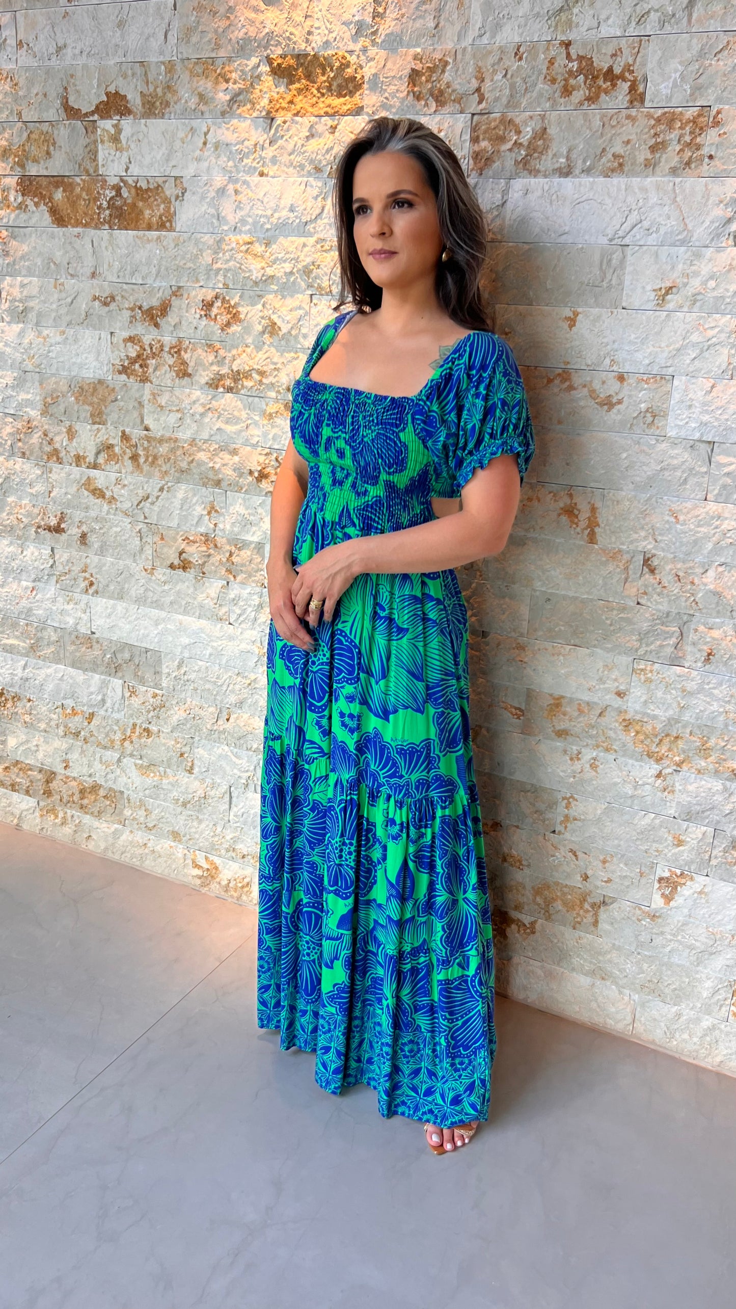 Vestido Longo Lastex Amarração ARTE- Estampado Azul 4987