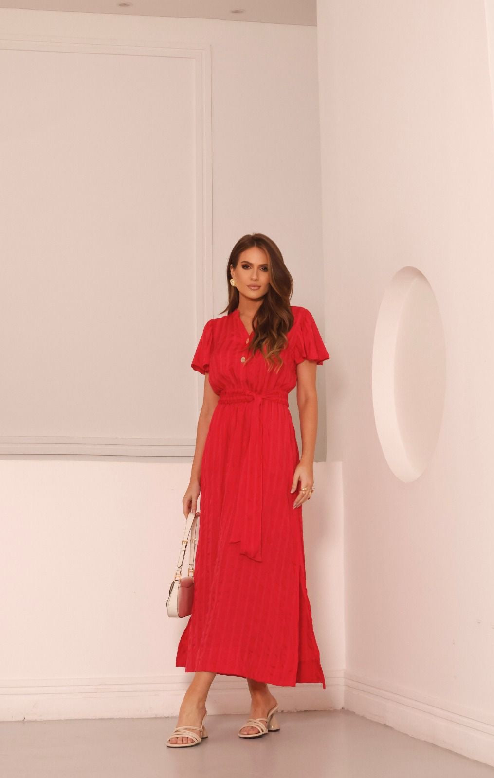 Vestido Midi Botões Faixa ILLU - Liso Vermelho 5457