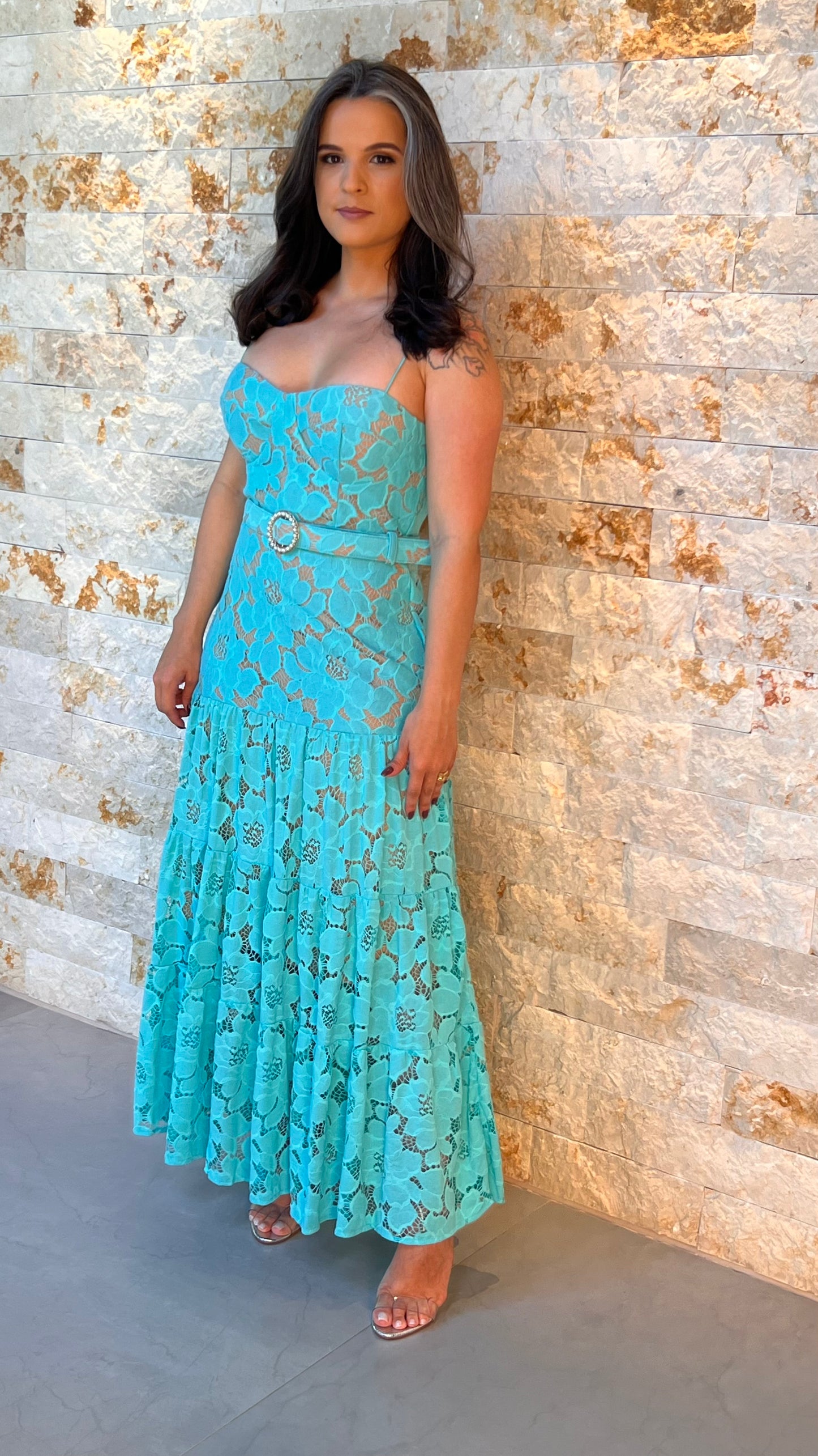 Vestido Midi Cinto Perola Limon- Liso Azul 5320