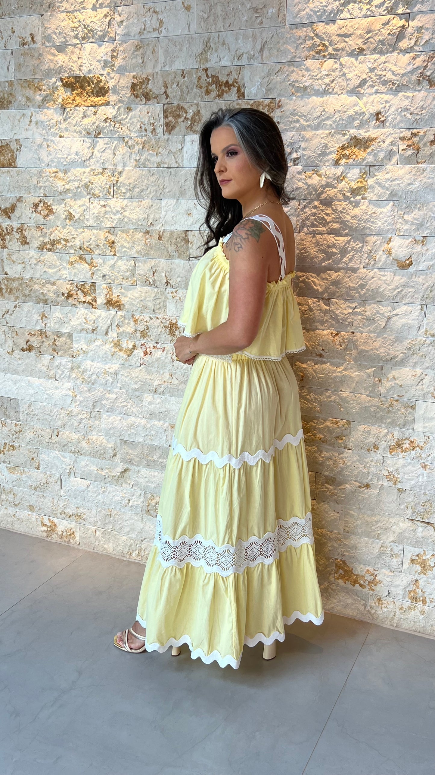 Conjunto Saia e Cropped Bor Det Guipir EAG- Amarelo 5907