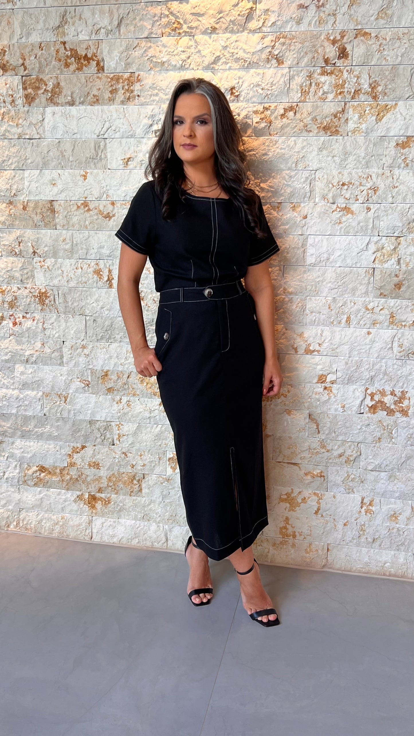 Conjunto Saia e Blusa Botão PIS- Preto 5595