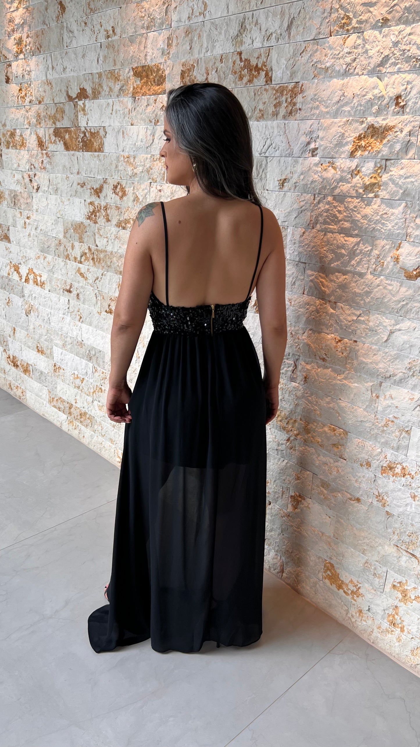 Sequin Bust Long Dress - Black