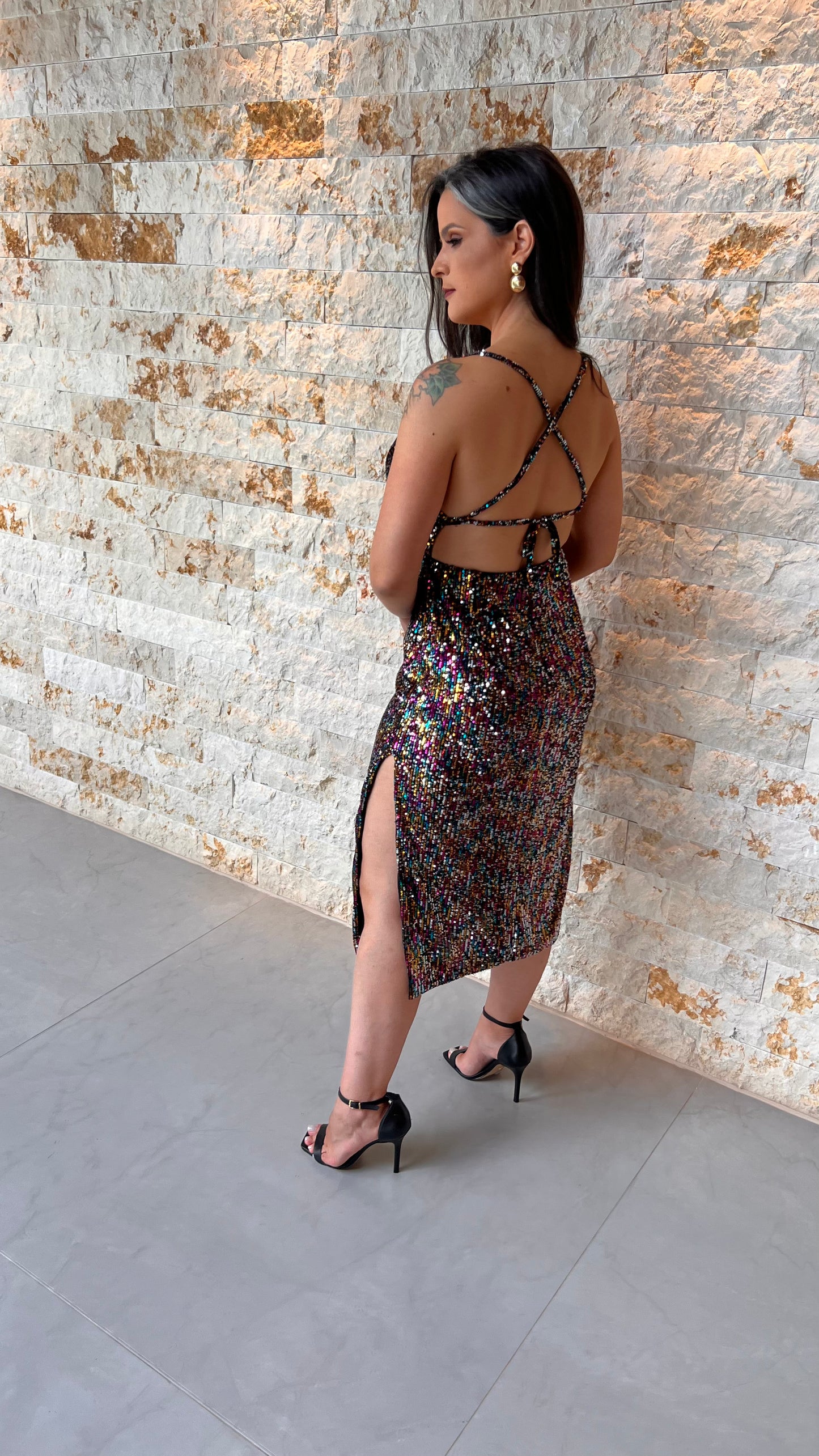 Vestido Midi Paete Furta Cor - Preto 4944
