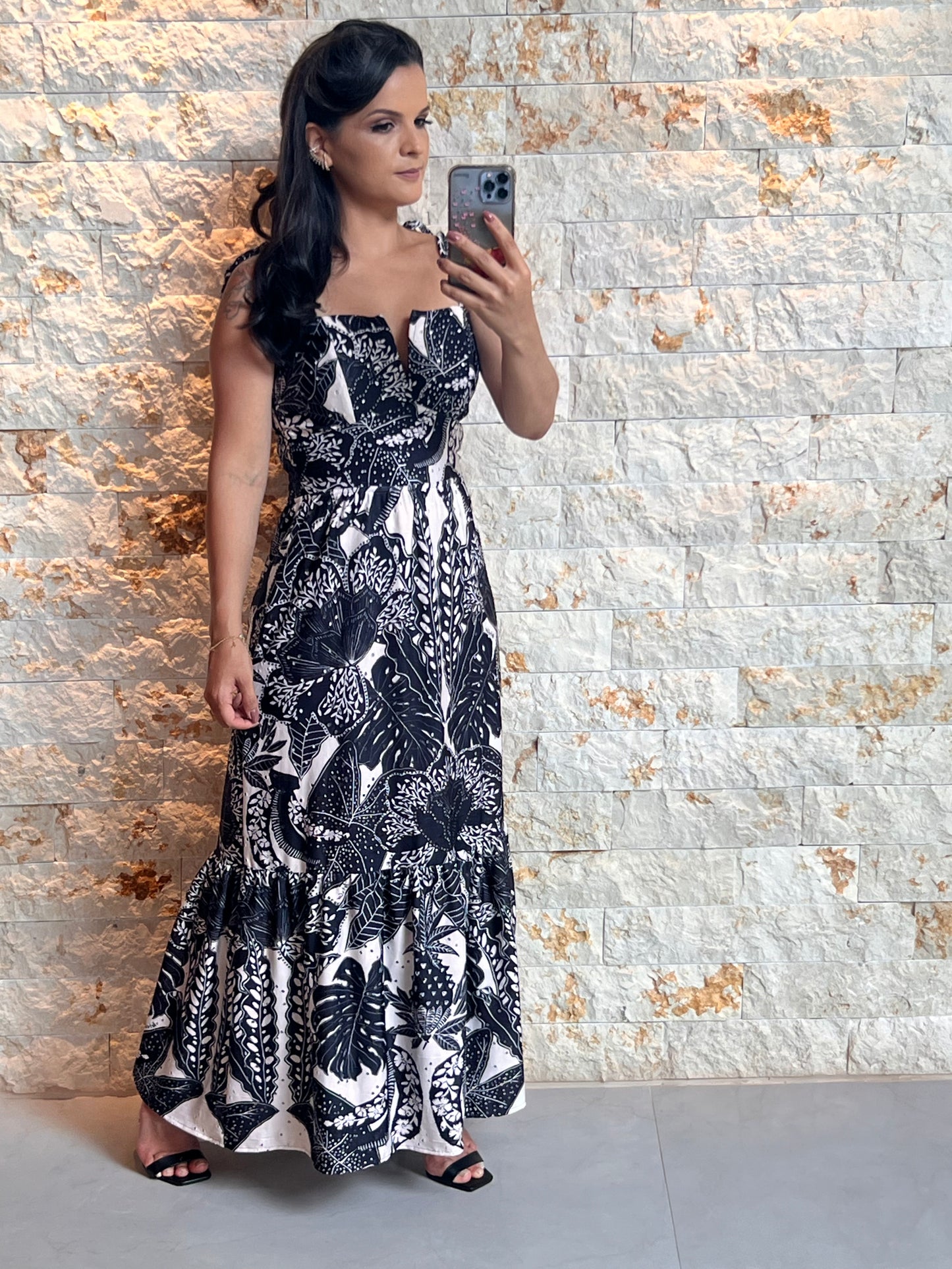 Vestido Longuete Malha Lesie ARTE- Estampado P e B 5121