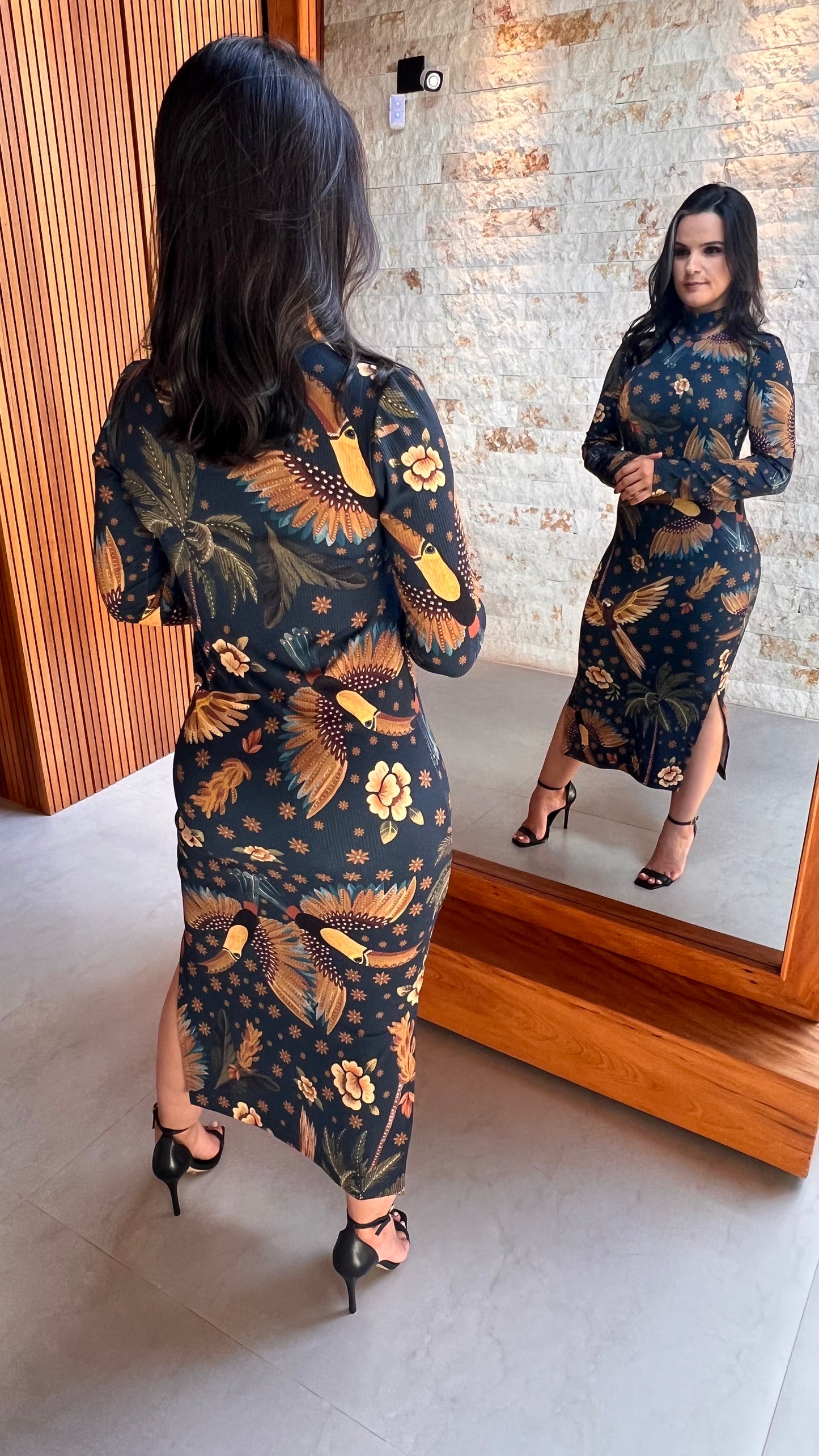 Vestido Midi Canelado Manga Longa Tucano ARTE- Estampado 5196
