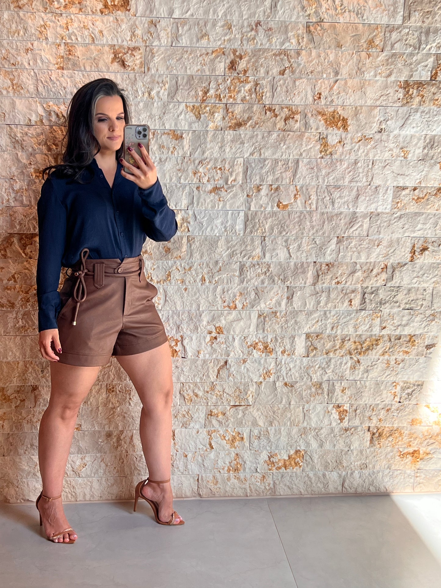Short Couro Cos Duplo KA- Marrom 5248
