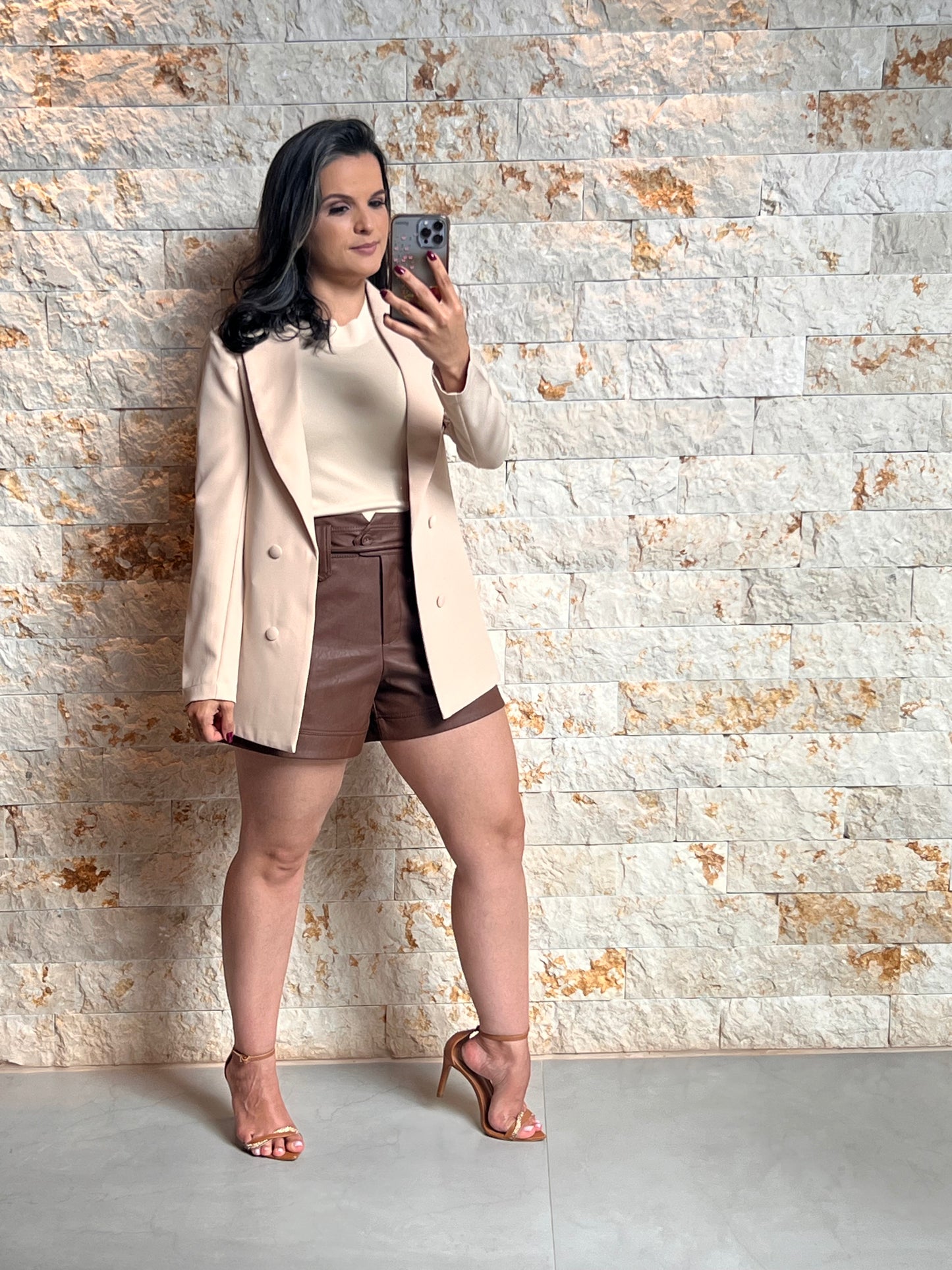 Short Couro Cos Duplo KA- Marrom 5248