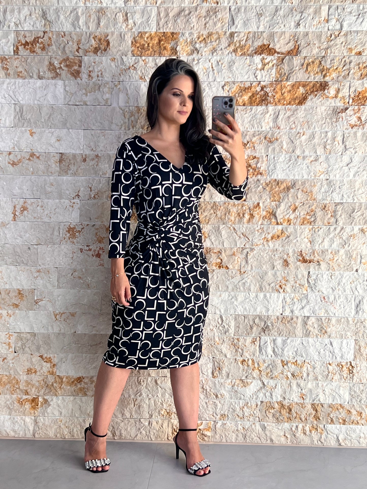 Vestido Jersey Curto No Manga 3/4 - P e B estampado 5053