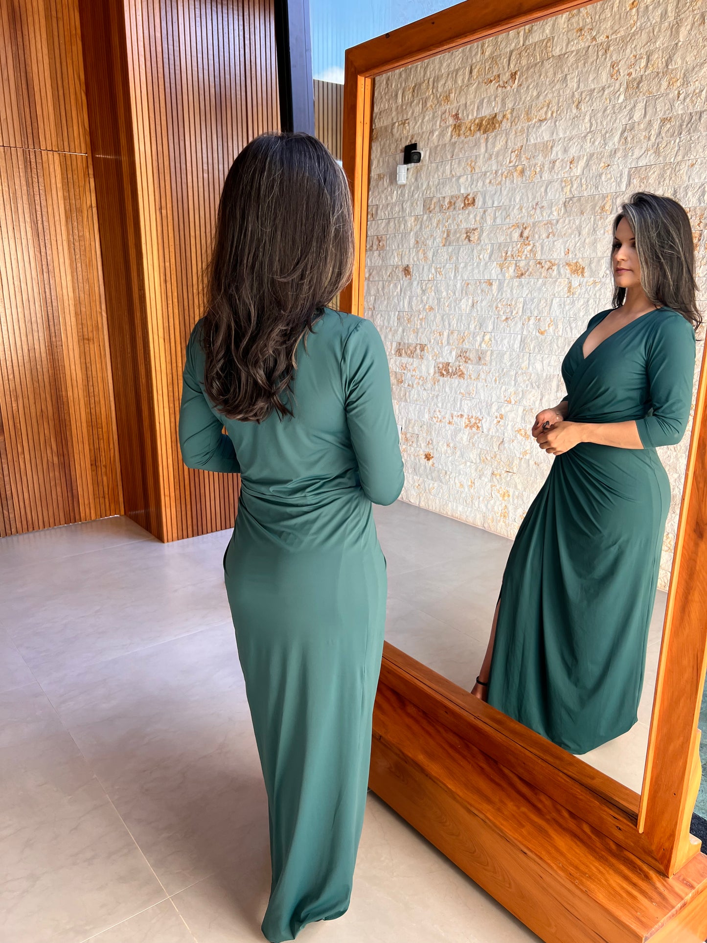 Vestido Longo Jersey Manga 3/4 Nó Cintura- Liso Verde 5051
