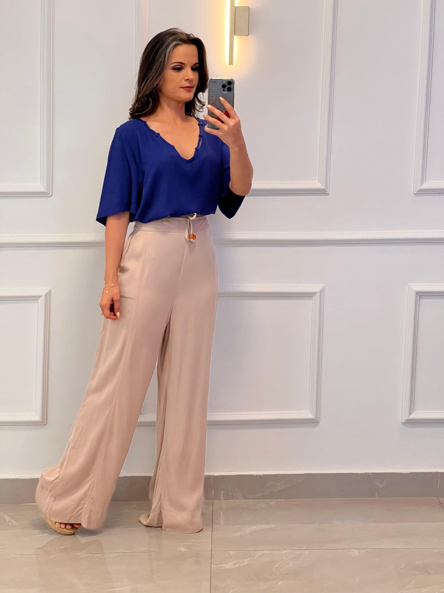 Blusa Manga Detalhe Gola V - Liso Azul 4804