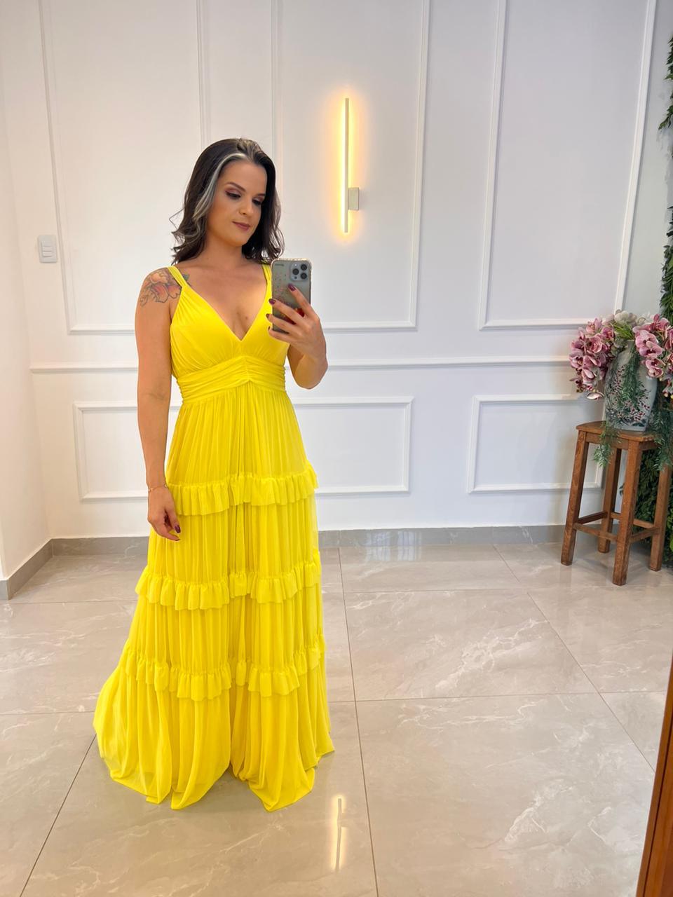 Vestido Longo Alça Fina Babado Tule - Liso Amarelo 4880