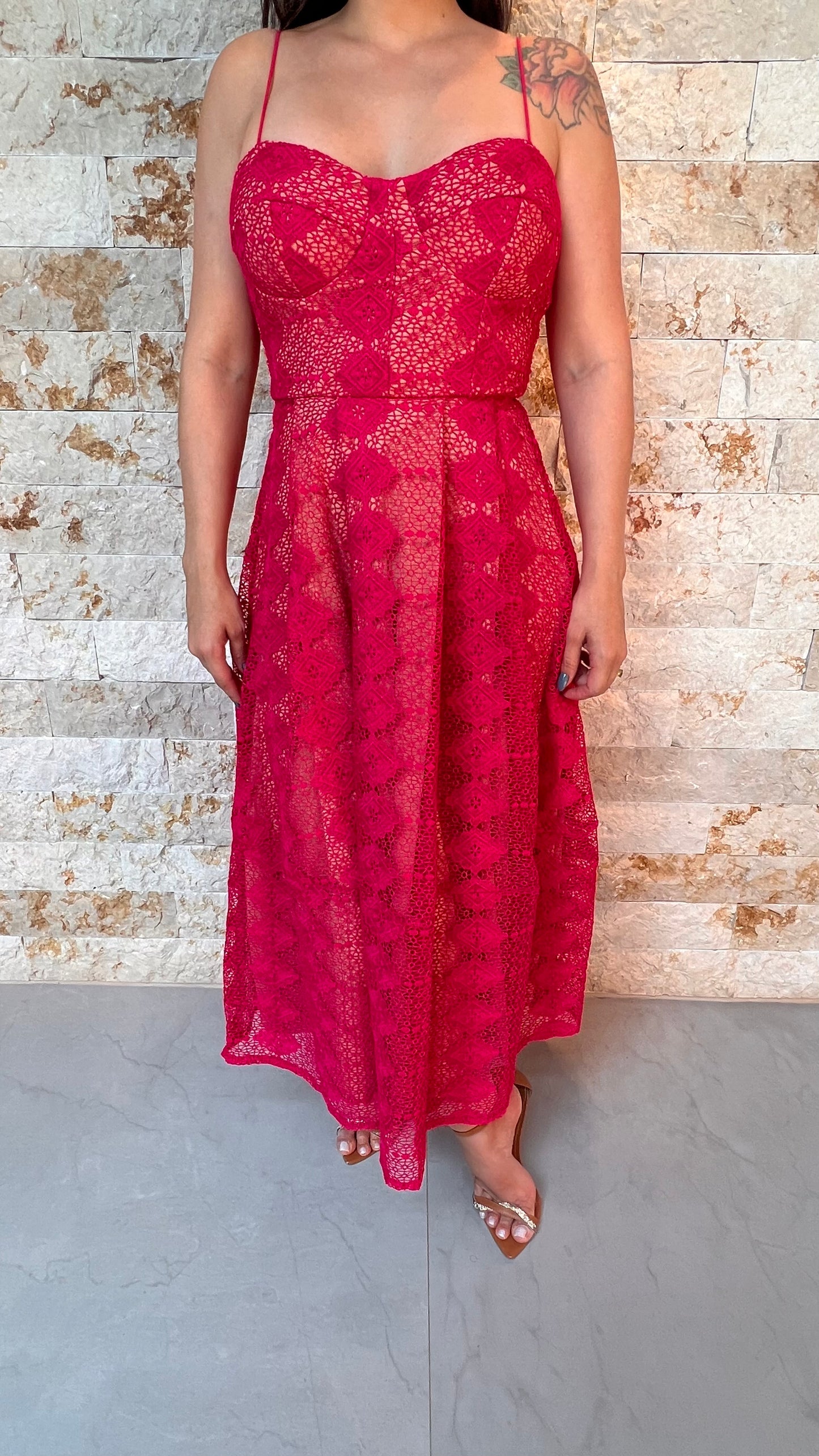 Thin Straps Lace Midi Dress - Pink