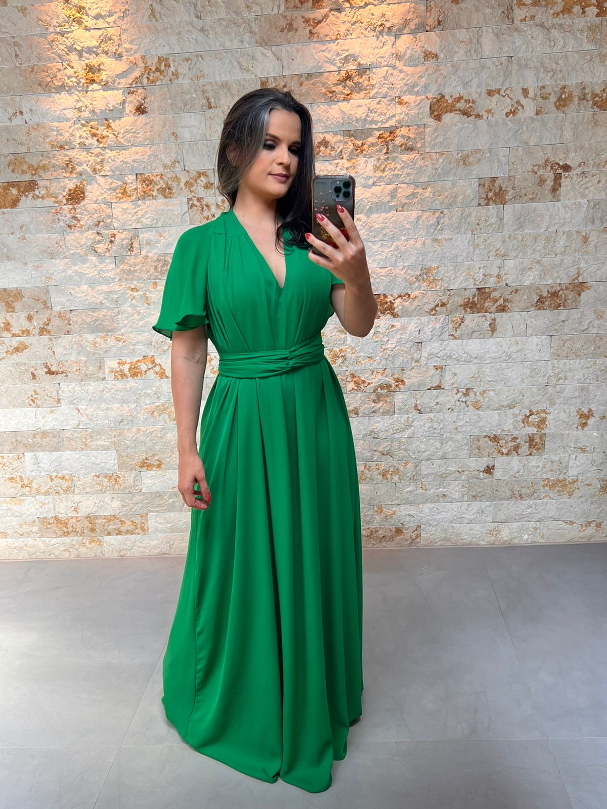 Vestido Longo Conf Tamanho Único Manguinha- Liso Verde Bandeira 2236