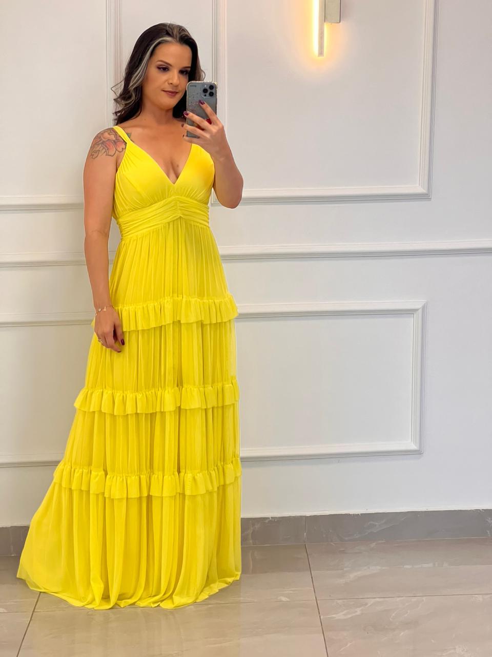 Vestido Longo Alça Fina Babado Tule - Liso Amarelo 4880
