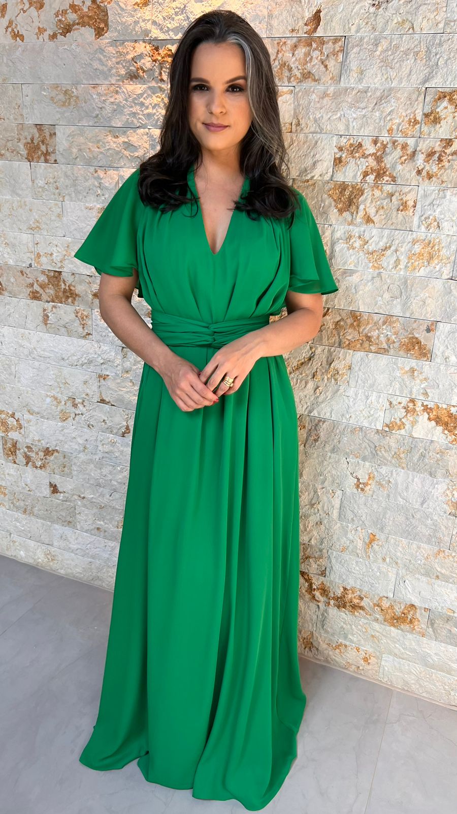 Vestido Longo Conf Tamanho Único Manguinha- Liso Verde Bandeira 2236