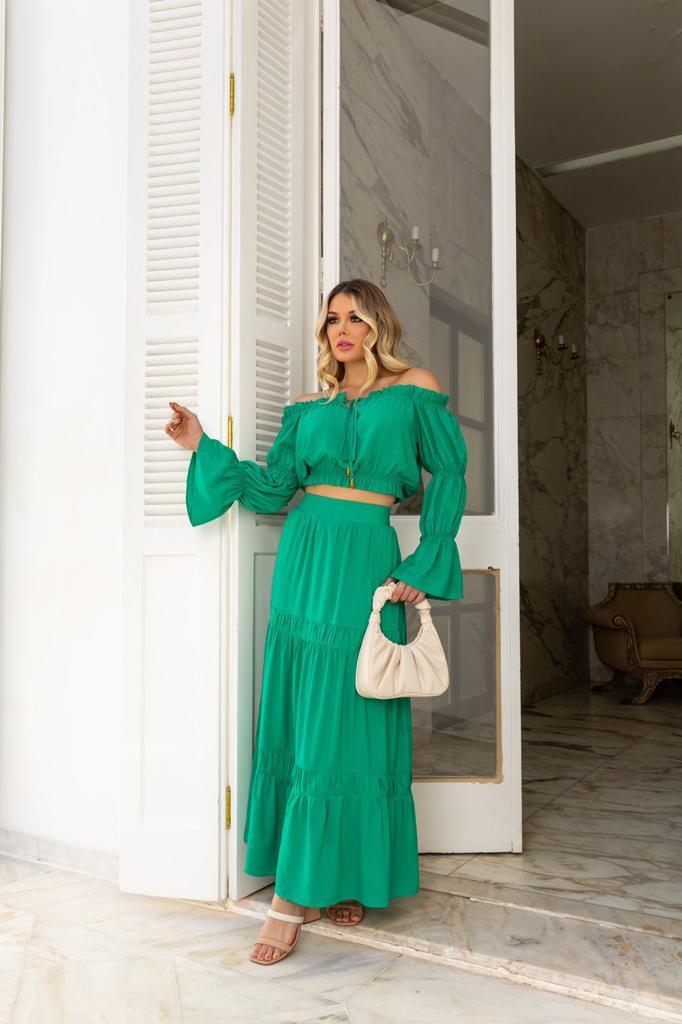 Cropped Shoulder to Shoulder Skirt Set - Green