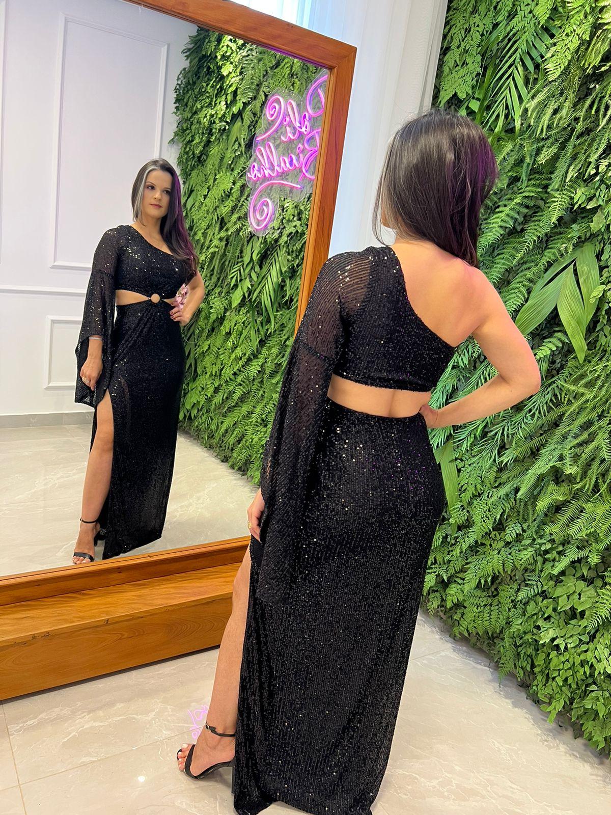 Long Sequin Dress Nula Slit Sleeve - Black