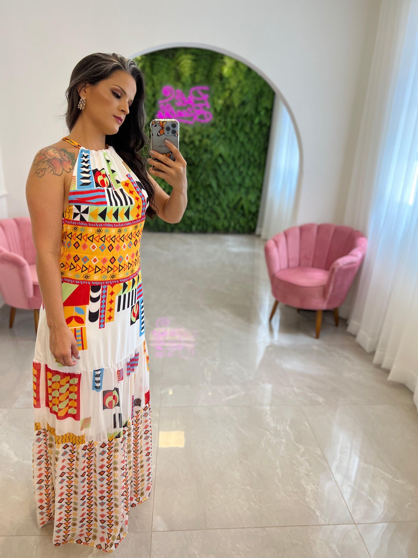 Long Dress Tie Back Crepe - Printed