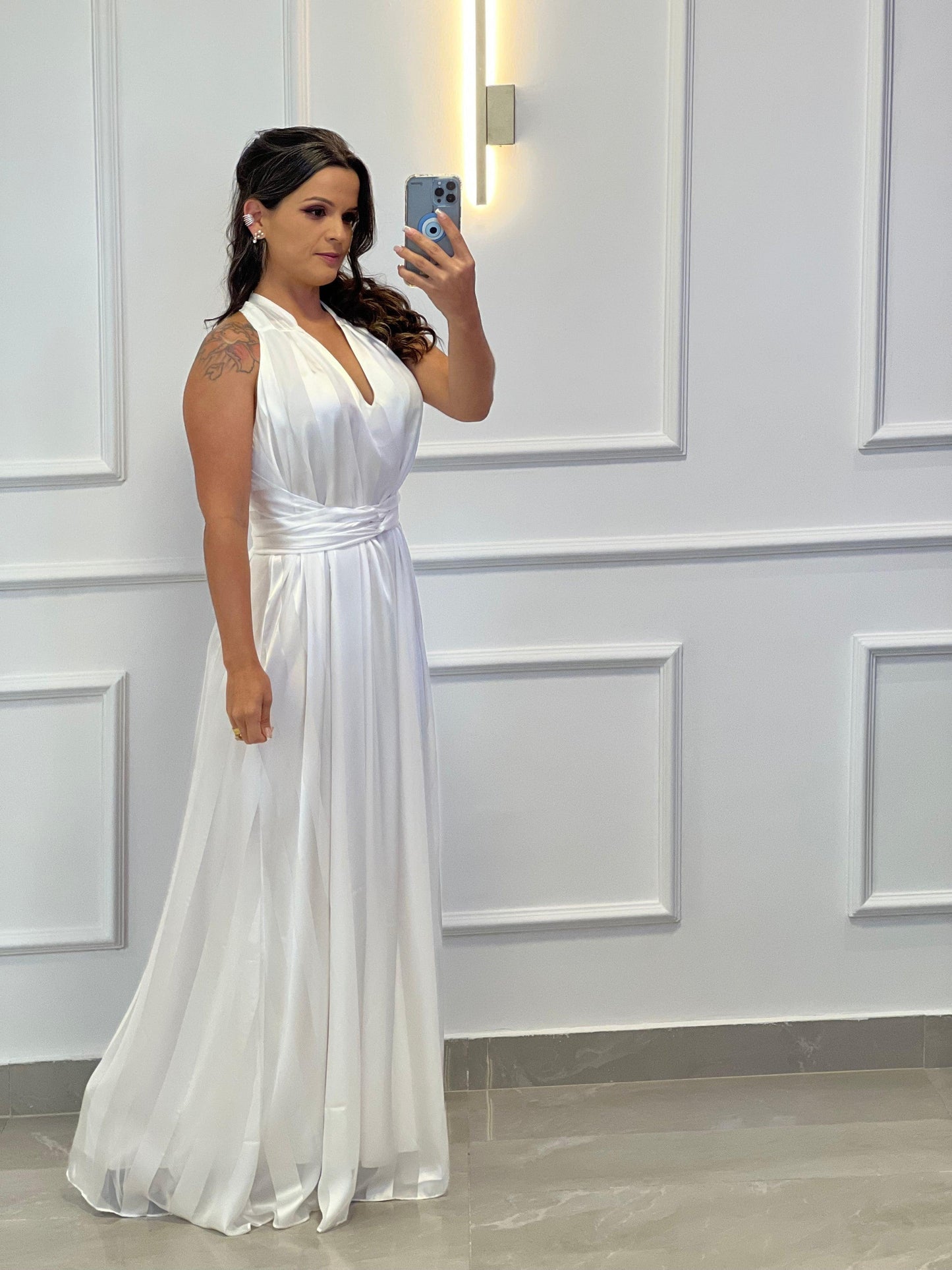 One Size Sleeveless Stripe Long Dress - White