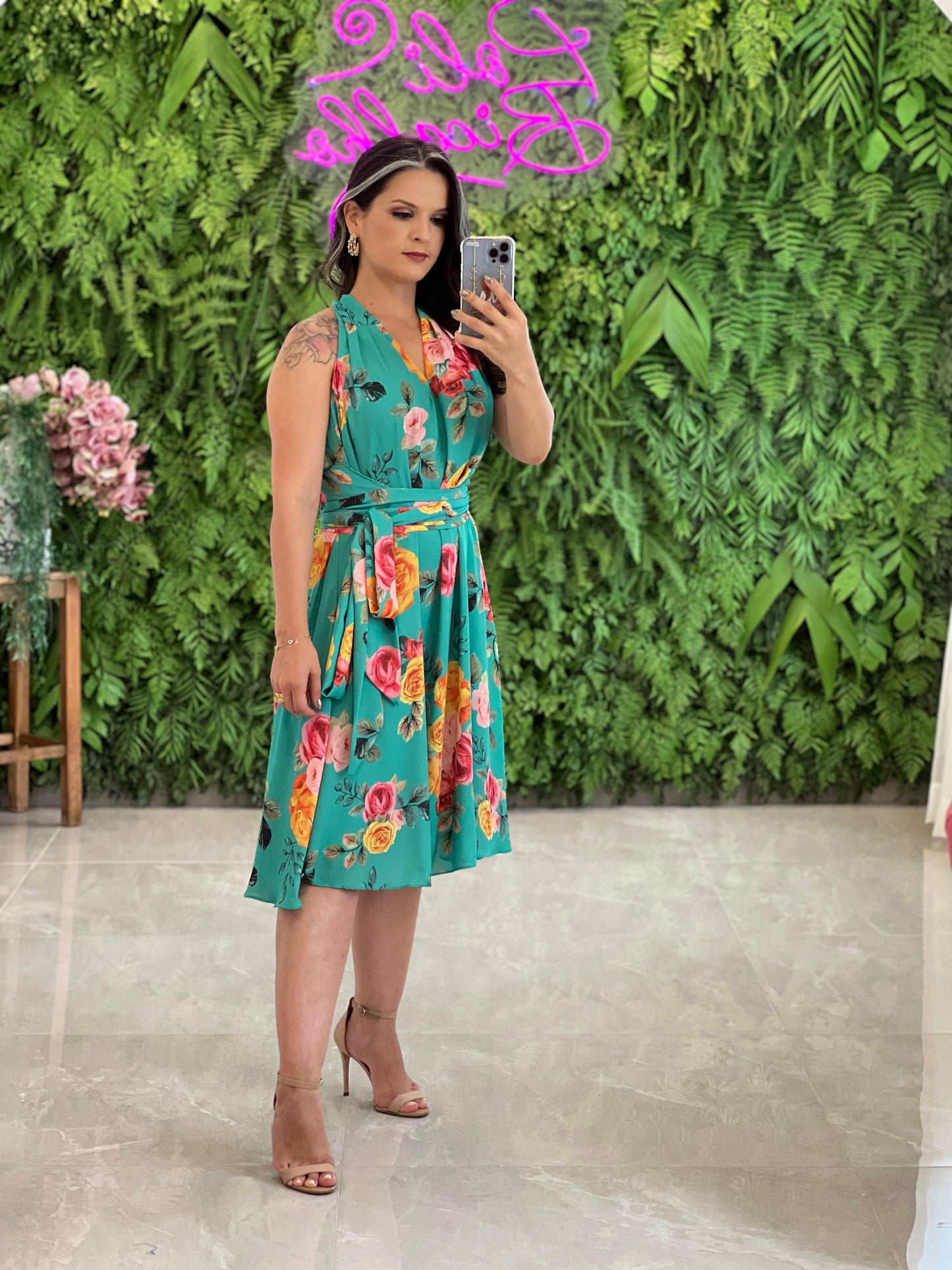 One Size Midi Dress Roses - Blue