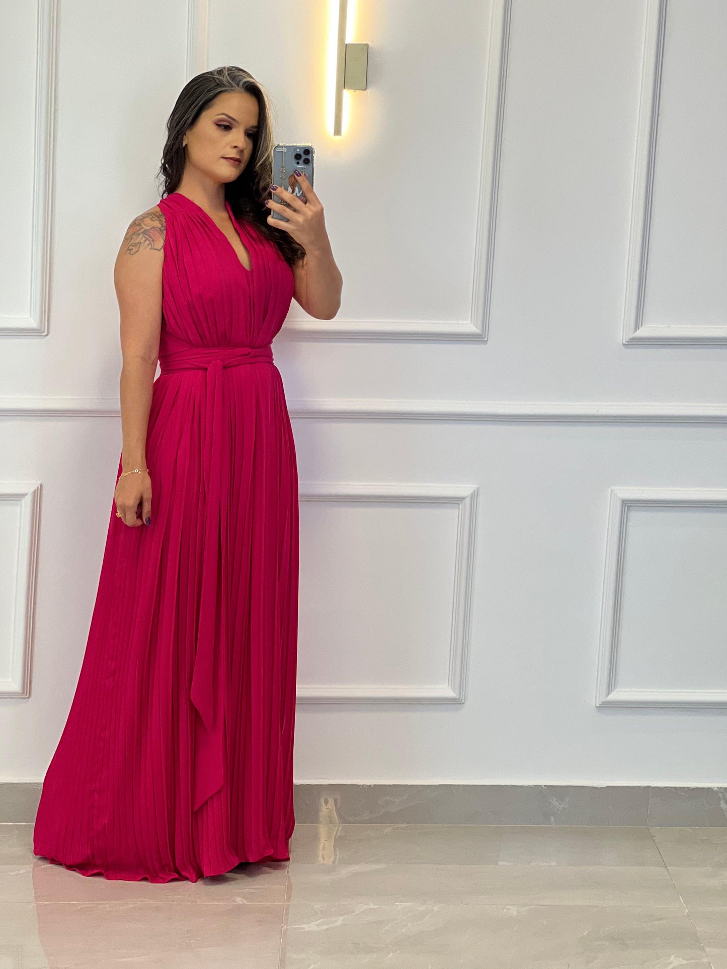 Long Dress One Size Sleeveless Pleated - Fúccia