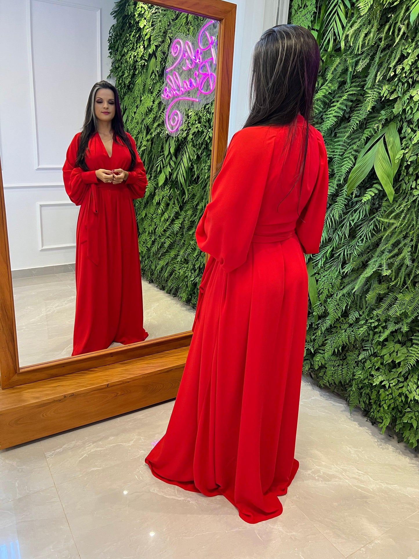 Long Sleeve One Size Long Dress with Buttons - Red