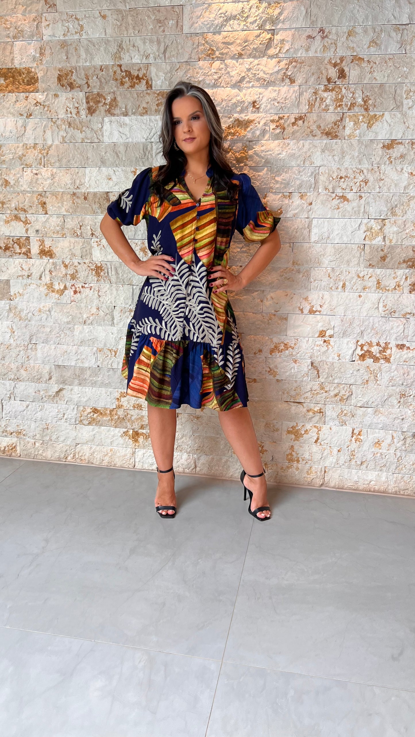 Vestido Curto Botões Corais PIS- Estampado 5593