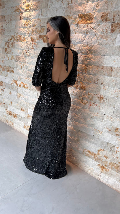 Long Slit Sequin Dress - Black