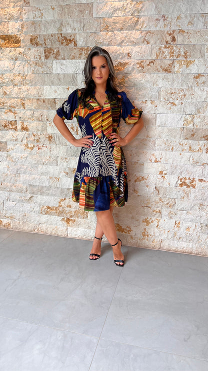 Vestido Curto Botões Corais PIS- Estampado 5593
