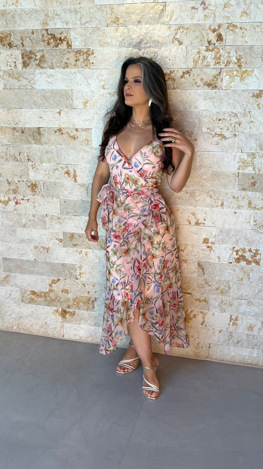 Vestido Midi Chiffon Seda PIS- Estampado Rosa 5903