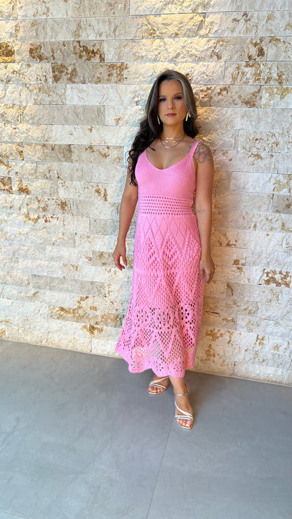 Vestido Midi Tricô Bordado POLI- Rosa 5911