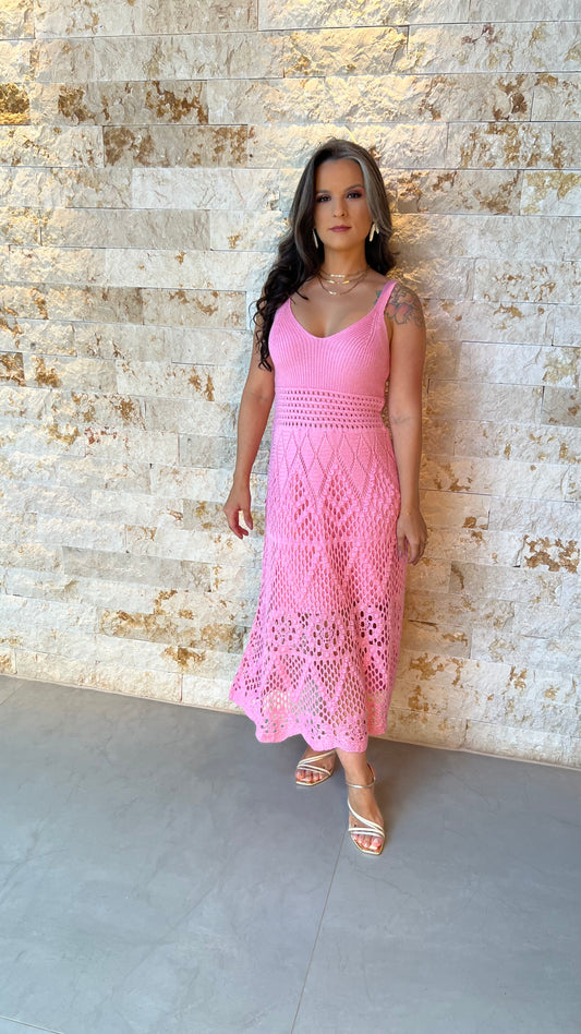 Vestido Midi Tricô Bordado POLI- Rosa 5911