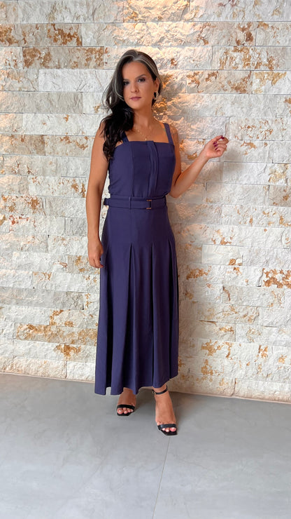 Conjunto Blusa e Saia Midi Vintage PIS- Azul Marinho 5592